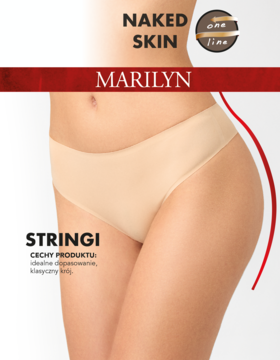 Cieliste bezszwowe stringi Marilyn Naked Skin na modelce, z mikrofibry, bez widocznych szwów, widok z boku.