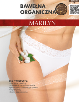 Białe figi damskie Marilyn z organicznej bawełny i koronki, na modelce z kwiatkiem bawełny, widok z przodu.