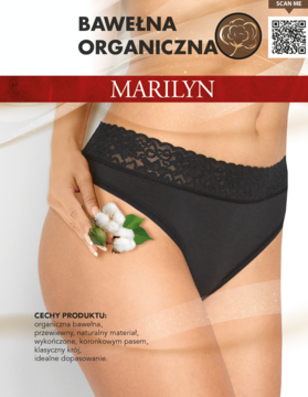 Czarne figi damskie Marilyn z koronkową gumką, z organicznej bawełny, na modelu, z widocznym kwiatem bawełny.