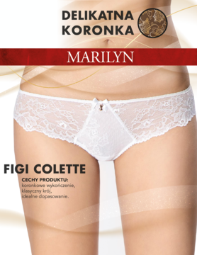 Białe koronkowe figi Marilyn Colette na modelce, z bliska widać delikatną koronkę i tiulowe podszycie.