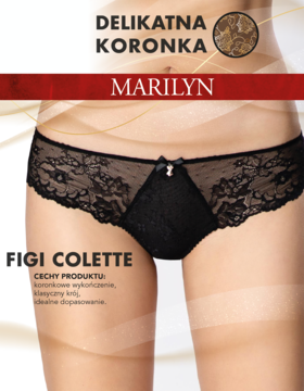 Czarne koronkowe figi Marilyn Colette na modelce, z delikatną koronką i małą kokardką z przodu.