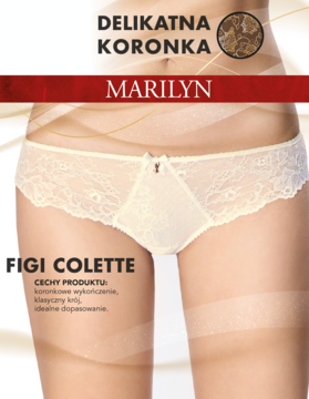 Kremowe koronkowe figi Colette Marilyn na modelce, z delikatnym wzorem i kokardką, idealnie dopasowane.