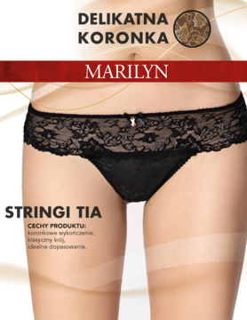 Czarne koronkowe stringi Marilyn Tia na modelce, z przodu podszyte tiulem, satynowa kokardka, biżuteryjny detal.