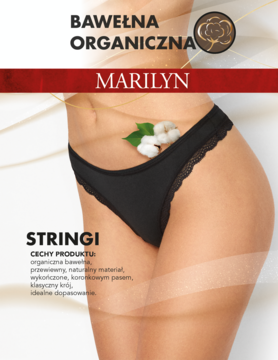 Czarne stringi Marilyn z organicznej bawełny z koronką, na biodrach modelki, detal kwiatu bawełny.