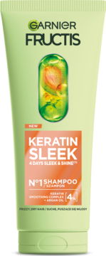 Garnier Fructis Keratin Sleek szampon do włosów puszących się, zielona tubka z keratyną i arganem, widok z przodu.