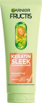 Garnier Fructis Keratin Sleek Shampoo, zielona tuba, z keratyną i olejkiem arganowym, na włosy suche, puszące się.