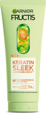 Garnier Fructis Keratin Sleek odżywka keratynowa, zielona tubka z owocami, widok z przodu.