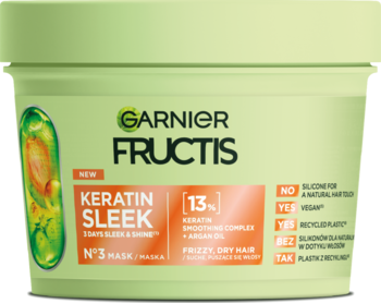 Jasnozielona maska Garnier Fructis Keratin Sleek do włosów puszących się, z keratyną i arganem, widok z przodu.