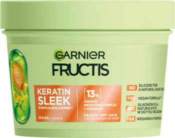 Garnier Fructis Keratin Sleek maska do włosów w zielonym pojemniku, widok z przodu. Wegańska, bez silikonów.