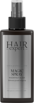 Hair Expert Magic Spray wygładzający włosy, ciemna butelka z atomizerem, blask i ochrona przed wilgocią.
