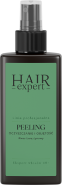 Hair Expert peeling enzymatyczny do skóry głowy z kwasem bursztynowym, ciemna butelka ze sprayem, zielona etykieta, widok z przodu.