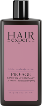 Hair Expert PRO-AGE szampon upiększający w ciemnej, prostokątnej butelce z różową etykietą, widok z przodu.