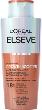 Szampon L'Oréal Elseve Growth Booster przeciw wypadaniu, butelka pomarańczowo-biała z Aminexil-R, widok z przodu.