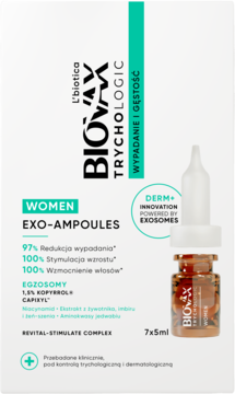 Biovax TrychoLogic Women Exo-Ampoules, ampułki przeciw wypadaniu włosów, białe opakowanie, front ze szklaną ampułką.