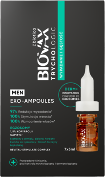 Czarno-zielone opakowanie Biovax Men Exo-Ampoules, ampułki na wypadanie włosów z egzosomami, z fiolką.