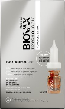 Biovax TrychoLogic Advanced Detox EXO-AMPOULES w szarym opakowaniu, z widoczną małą ampułką z pomarańczowym płynem.