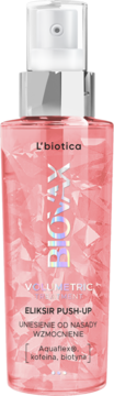L'biotica Biovax Volumetric Eliksir Push-up, różowa butelka z kryształowym wzorem, wzmacniający objętość.