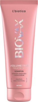 L'biotica Biovax Volumetric Treatment szampon wzmacniający w różowej tubce, widok z przodu, holograficzne logo.