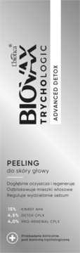 Front szaro-srebrnego opakowania Biovax TrychoLogic Advanced Detox Peeling do skóry głowy z kwasami AHA.