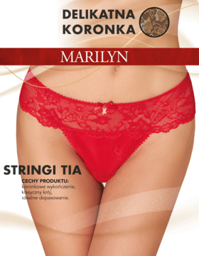 Czerwone koronkowe stringi Marilyn Tia na modelce. Przód z tiulem, satynowa kokardka i biżuteryjny detal.