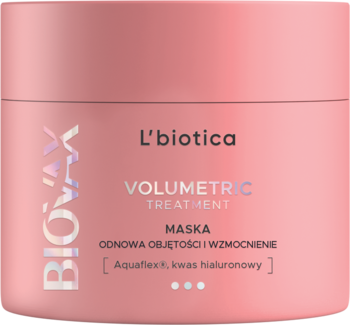 Różowa maska L'biotica Biovax Volumetric Treatment w słoiczku, z Aquaflex® i kwasem hialuronowym. Widok z przodu.