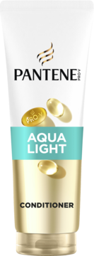Biała tuba odżywki Pantene Pro-V Aqua Light do włosów cienkich, ze złotym spodem, widok z przodu z logo i kapsułkami.
