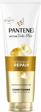 Odżywka Pantene Intensive Repair Pro-V Active Nutri-Plex, biała tubka ze złotym napisem, widok z przodu.