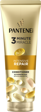 Odżywka Pantene 3 Minute Miracle Intensive Repair w złotej tubie Pro-V, widok z przodu, z kapsułkami.