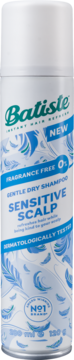 Batiste Sensitive Scalp Gentle Dry Shampoo, white can with blue feather pattern, "Fragrance Free", front view.