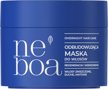 Granatowa maska Neboa Overnight Hair Care do włosów zniszczonych, widok z przodu, białe napisy, okrągły słoik.