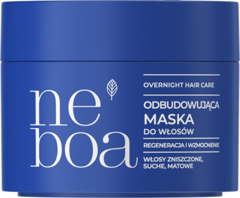Granatowa maska Neboa Overnight Hair Care do włosów zniszczonych, widok z przodu, białe napisy, okrągły słoik.