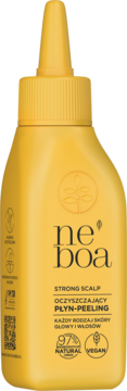 Musztardowa butelka Neboa Strong Scalp Oczyszczający Płyn-Peeling z dyszą, przód, 97% Natural Vegan.