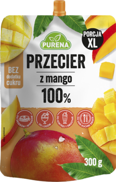 Purena przecier z mango 100% bez cukru w białej saszetce 300g XL, z ilustracjami mango, widok z przodu.