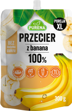 Biało-żółty doypack Purena Przecier z banana 100% XL, 300g, bez cukru, z plasterkami bananów.