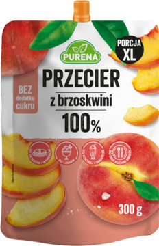 Purena przecier brzoskwiniowy 100% w białym doypacku z capem, na nim brzoskwinie i napis XL, widok z przodu.