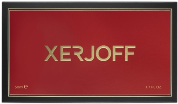 Pudełko perfum Xerjoff Golden Moka, prostokątne, czarno-czerwone ze złotym napisem i oznaczeniem 50ml, widok z przodu.