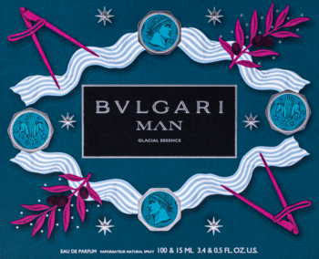 Ozdobne opakowanie zestawu Bvlgari Man Glacial Essence EDP (100 i 15 ml) na ciemnoturkusowym tle z falistą girlandą.