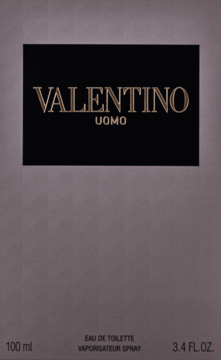 Opakowanie perfum męskich Valentino Uomo EDT, szara tektura z czarnym panelem i złotym napisem, widok z przodu.