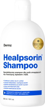 DERMZ Healpsorin ,szampon do włosów, specjalistyczny, dla osób zmagających się z łuszczycą, łupieżem i AZS,przód