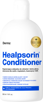 Biała butelka Dermz Healpsorin Conditioner 500ml z niebieskim napisem, odżywka regenerująca do włosów i skóry głowy, widok z przodu.