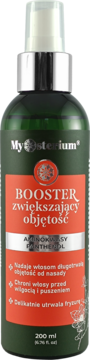 Zielony spray MySterium BOOSTER zwiększający objętość włosów z aminokwasami i pantenolem, 200 ml, widok z przodu.