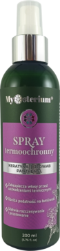 Mysterium Spray termoochronny 200ml, zielona butelka z różową etykietą, chroni włosy przed ciepłem.