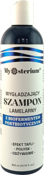 Mysterium wygładzający szampon lamelarny z biofermentem postbiotycznym, biała butelka z niebieskim wzorem, front.
