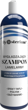 Mysterium wygładzający szampon lamelarny z biofermentem, biało-niebieska butelka, widok z przodu.