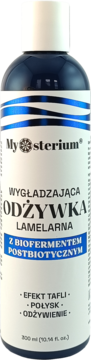 Mysterium Wygładzająca odżywka lamelarna z biofermentem postbiotycznym, ciemnoniebieska butelka 300 ml, widok z przodu.
