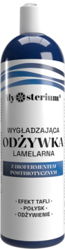 Mysterium wygładzająca odżywka lamelarna z biofermentem, granatowa butelka z przodu. Zapewnia efekt tafli i połysk.