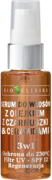 Bioelixire serum do włosów z olejkiem z czarnuszki 3w1, w bursztynowej butelce z pompką, front.