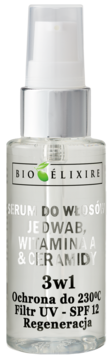 BIOÉLIXIRE Serum do włosów 3w1 z jedwabiem, witaminą A, ochroną UV/termiczną, widok z przodu.