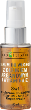 Serum do włosów Bio Elixire z arganem i witaminą E, 50ml, pompka, ochrona UV i termiczna, widok z przodu.