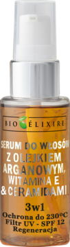 Bio Elixire Serum do włosów z olejkiem arganowym 3w1, z filtrem UV i termoochroną, w brązowej butelce z pompką.